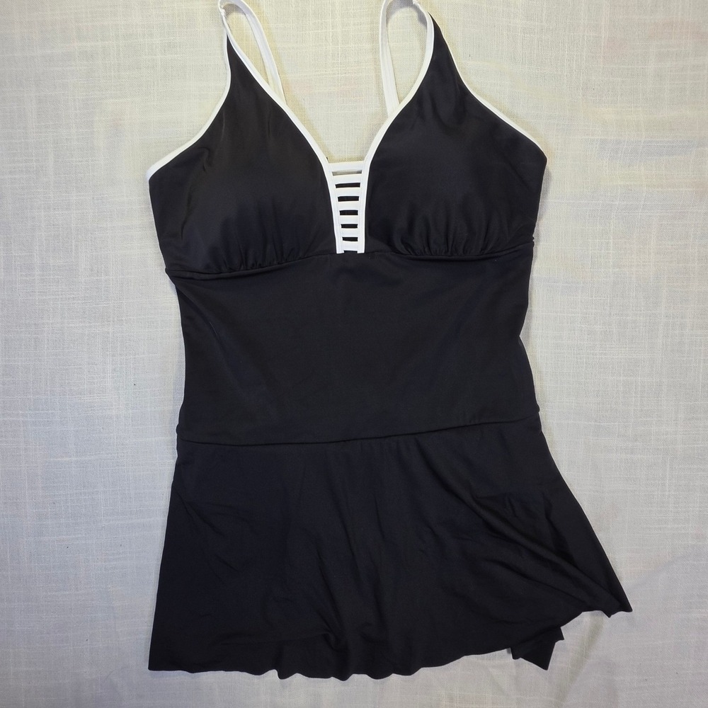 Leonisa Womens Black White Ladder Trim Skirted One Piece Swim Dress 2XL 190734P